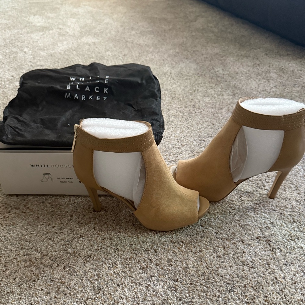 NWT White House Black Market Suede Open Toe Heel Booties - “Adley Tan” - Size 6